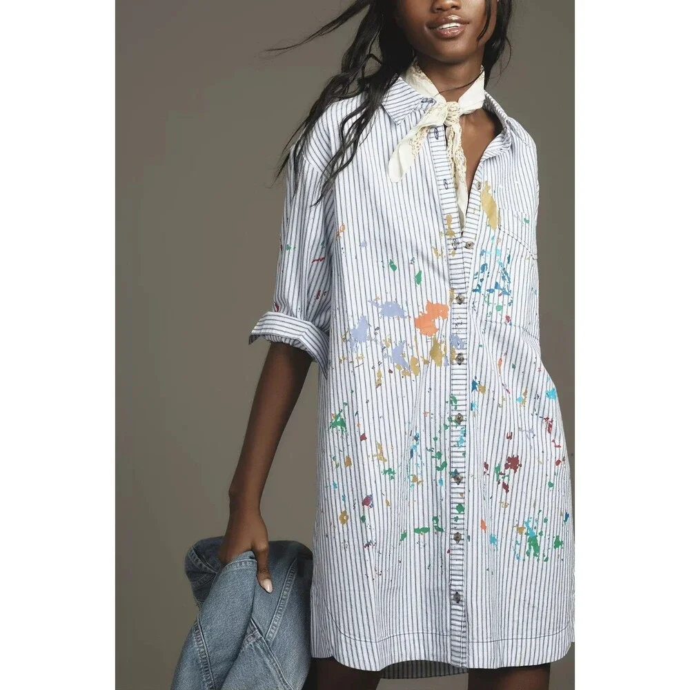 Anthropologie Pilcro Paint Splatter Long-Sleeve Shirt Dress Buttondown SP 288480